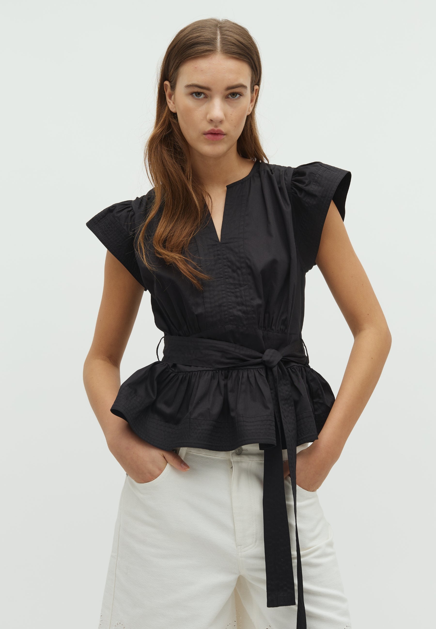 163355 Malia Cotton Satin Top_Black_Model_0