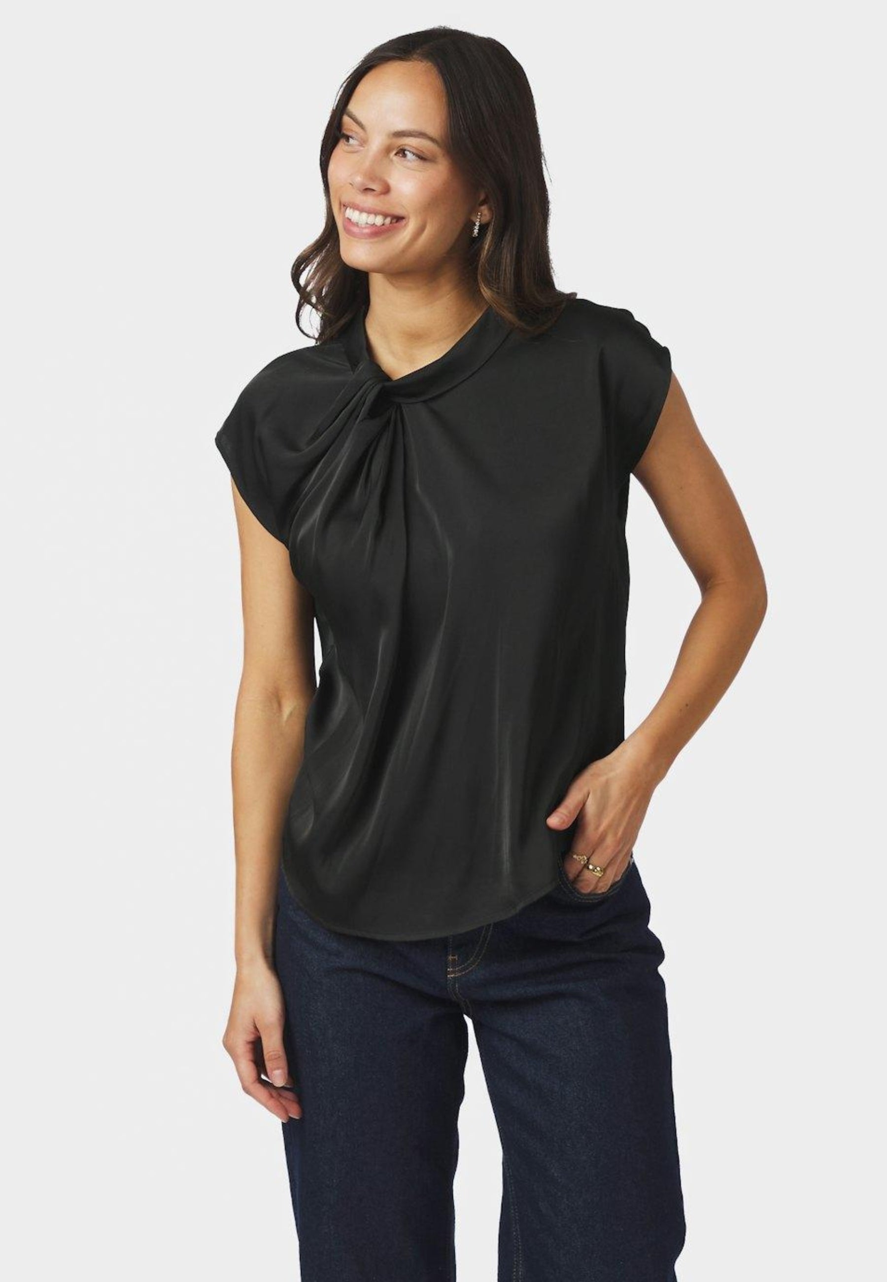 160990 Fleur Drapy Satin Blouse_Black_Model_0