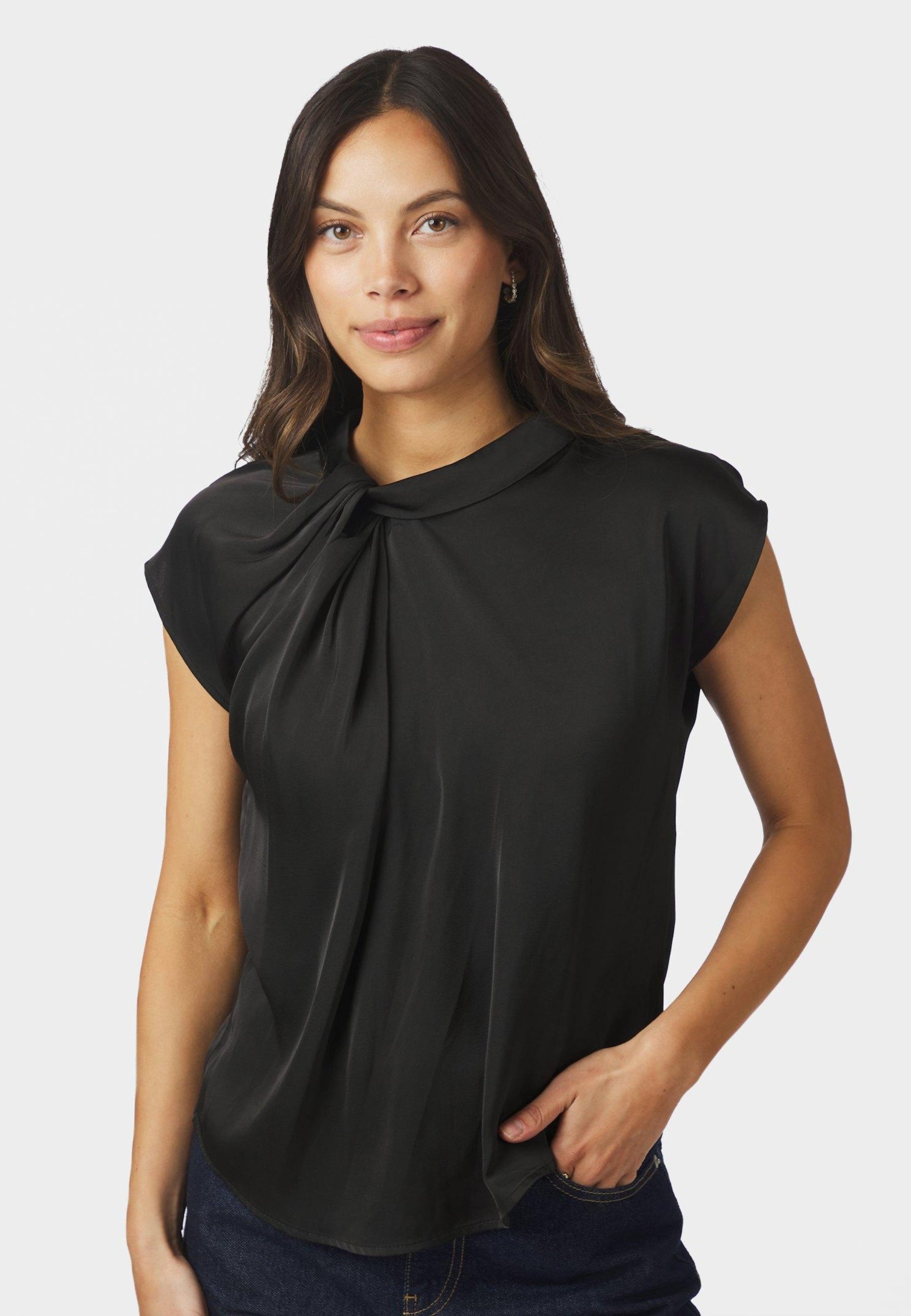 160990 Fleur Drapy Satin Blouse_Black_Model_1