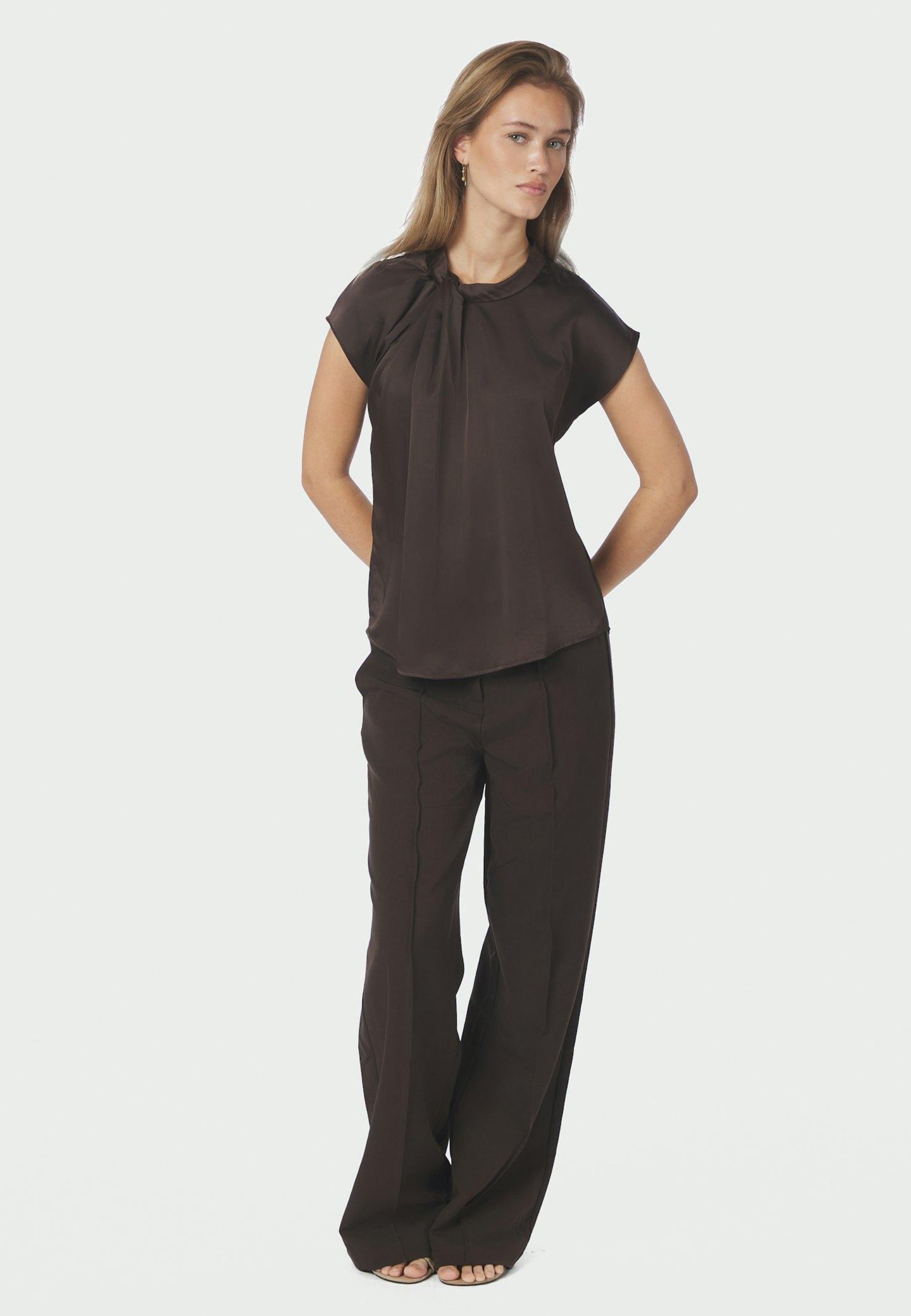 160990 Fleur Drapy Satin Blouse_Dark Brown_Model_0