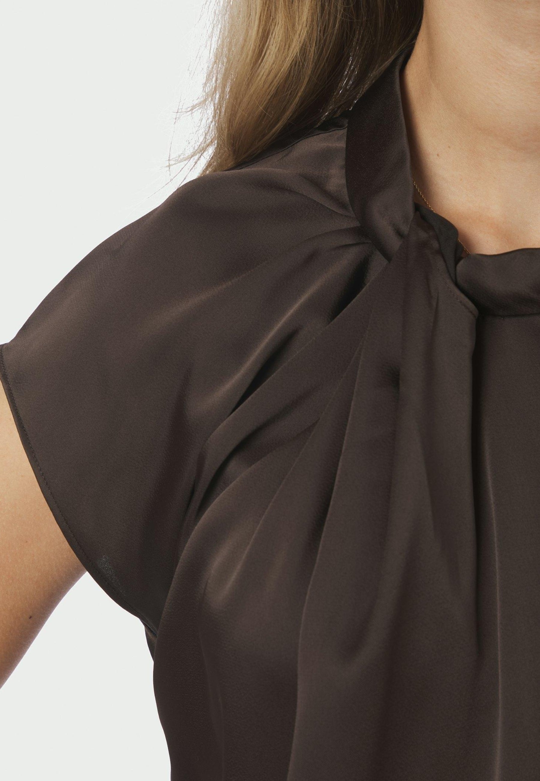 160990 Fleur Drapy Satin Blouse_Dark Brown_Model_2