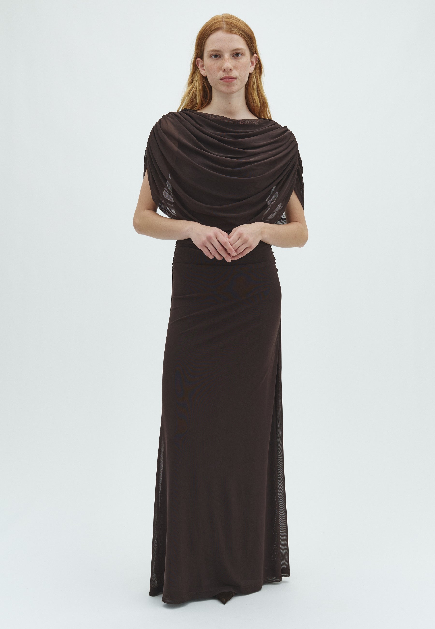 170176 Fottuna Drape Mesh Dress_Dusty Brown_Model_0