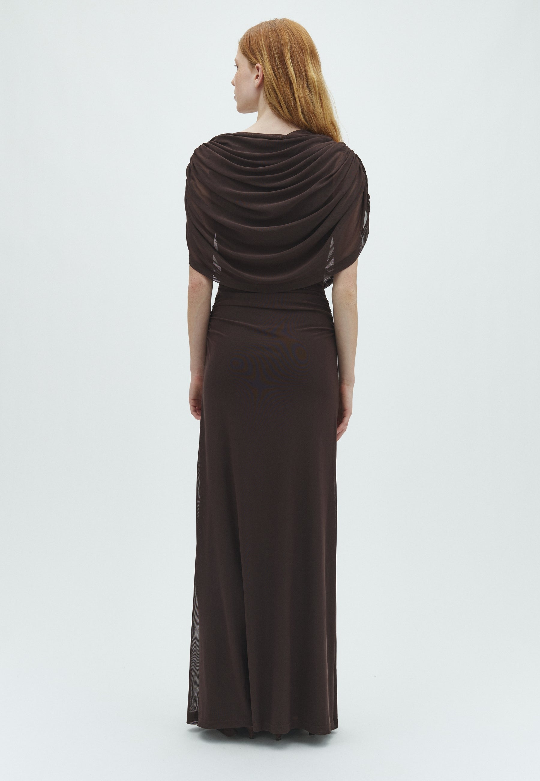 170176 Fottuna Drape Mesh Dress_Dusty Brown_Model_2