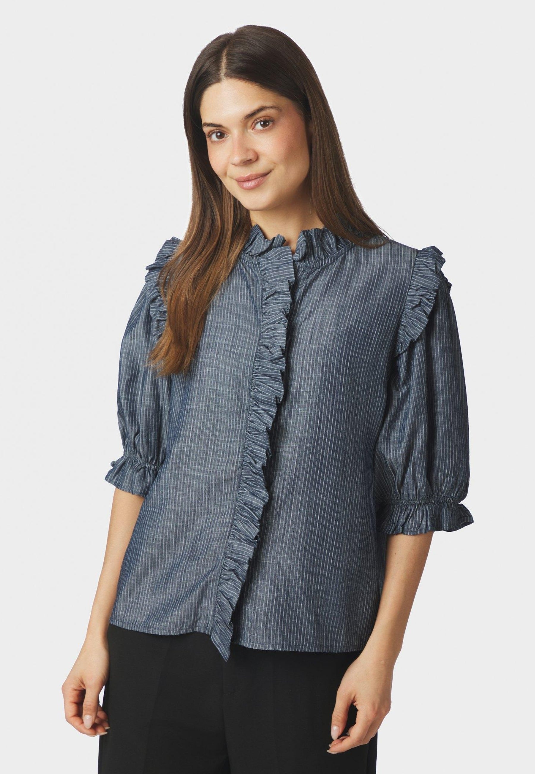 169737 Chacha Chambray Stripe Blouse_Dark Blue_Model_0