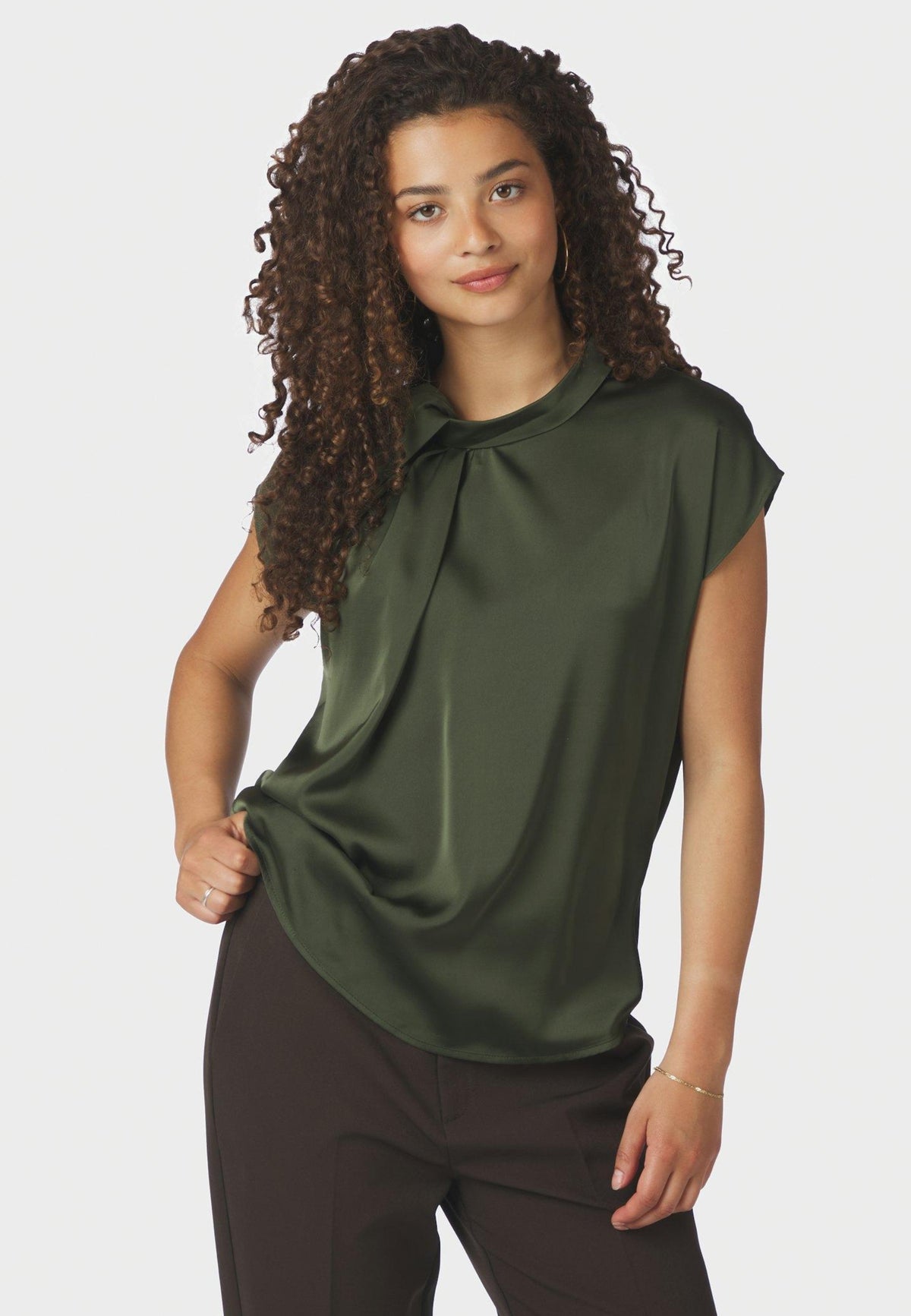 160990 Fleur Drapy Satin Blouse_Army_Model_0