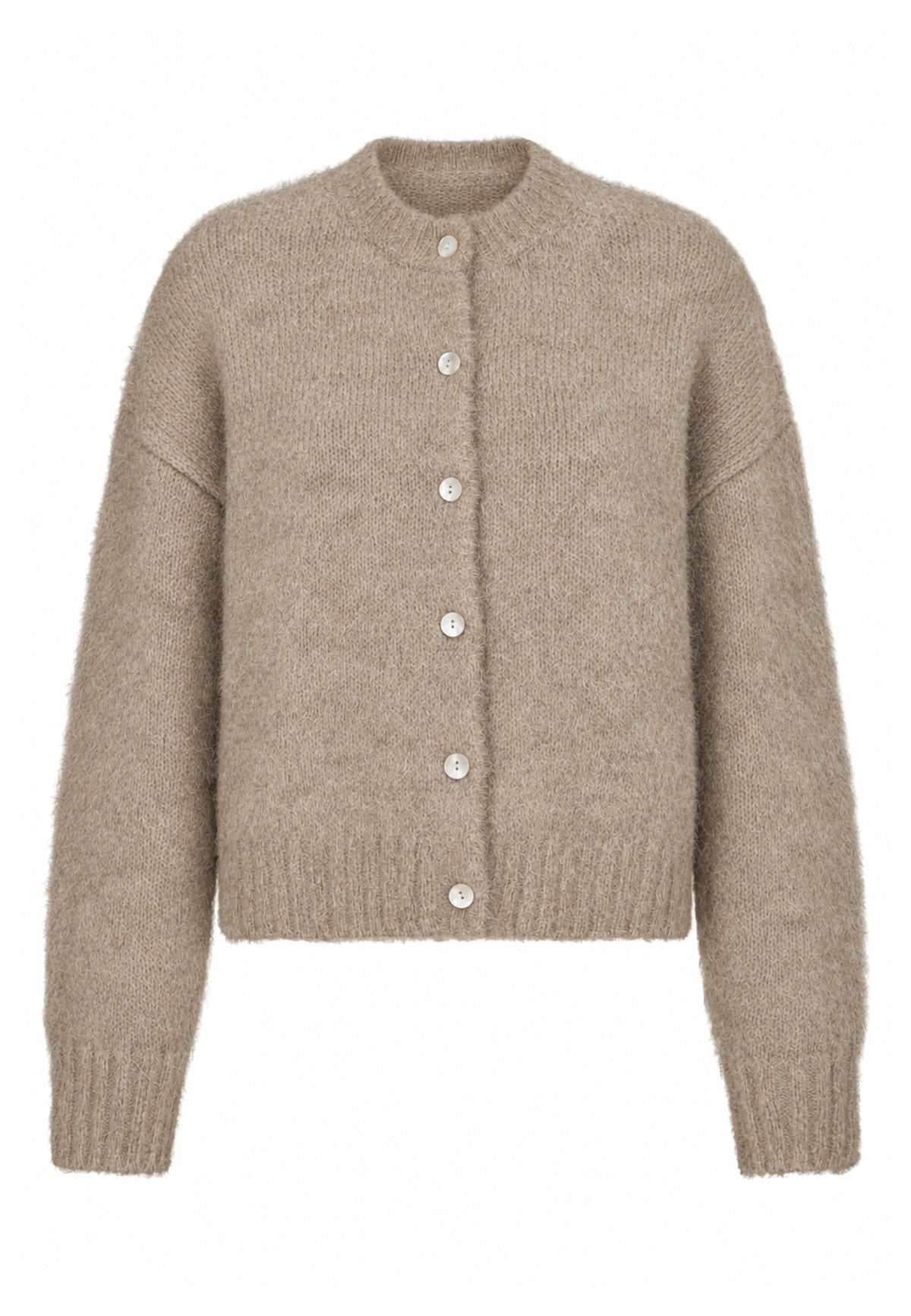 171630 Esana Solid Fluffy Knit Cardigan_Beige Melange_Packshot_0