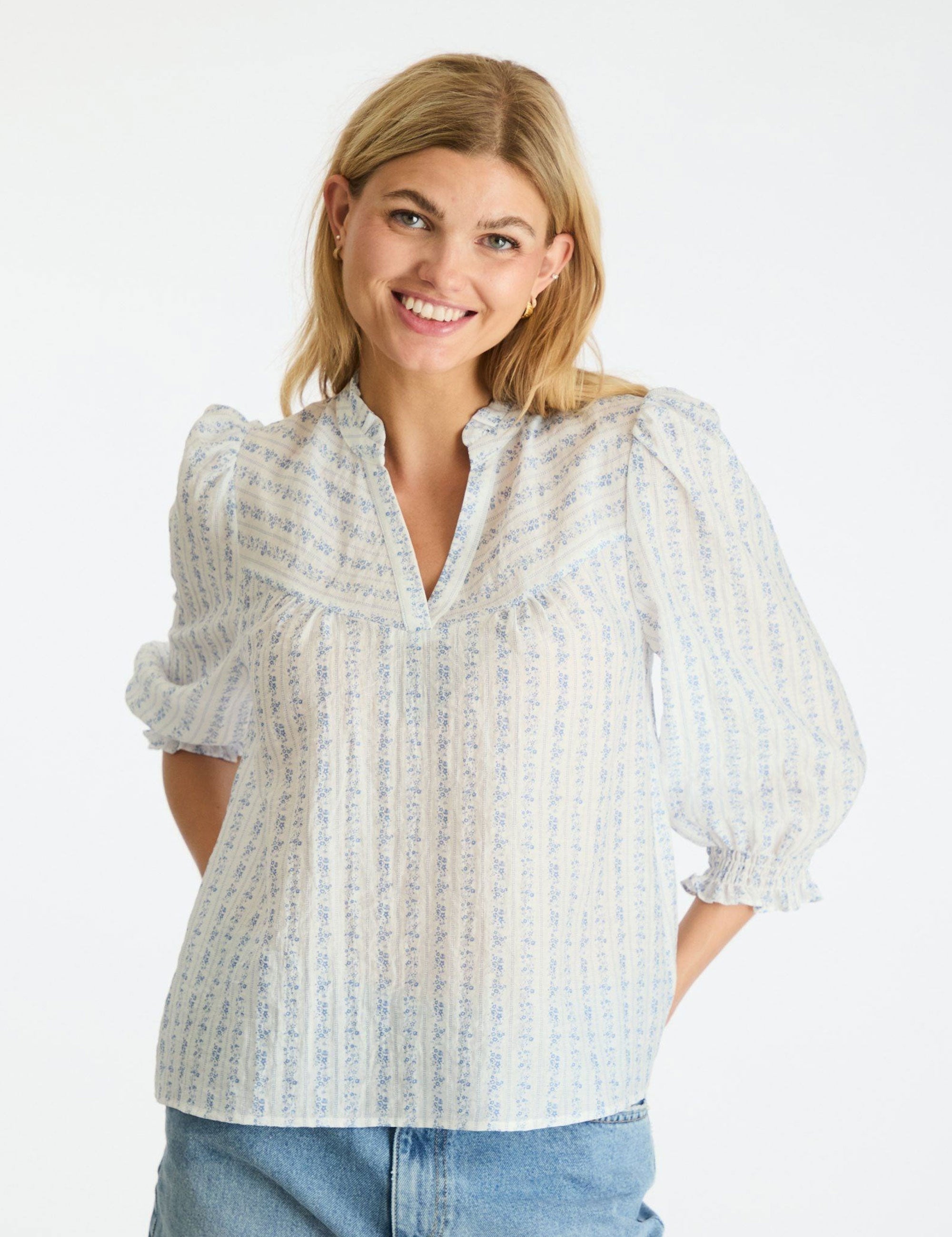 162616 Carlie Flower Stripe Blouse_Blue_Model_0