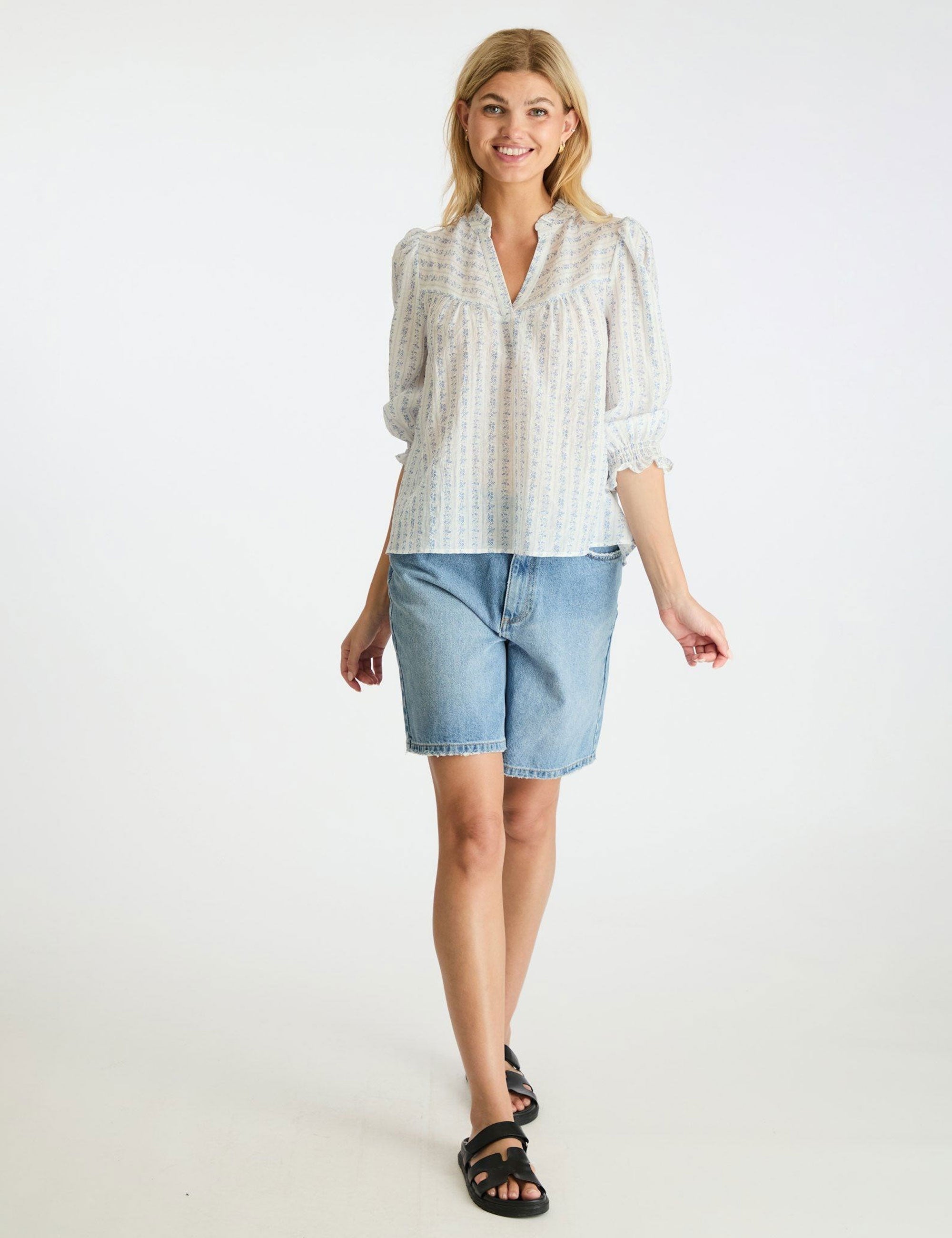 162616 Carlie Flower Stripe Blouse_Blue_Model_2