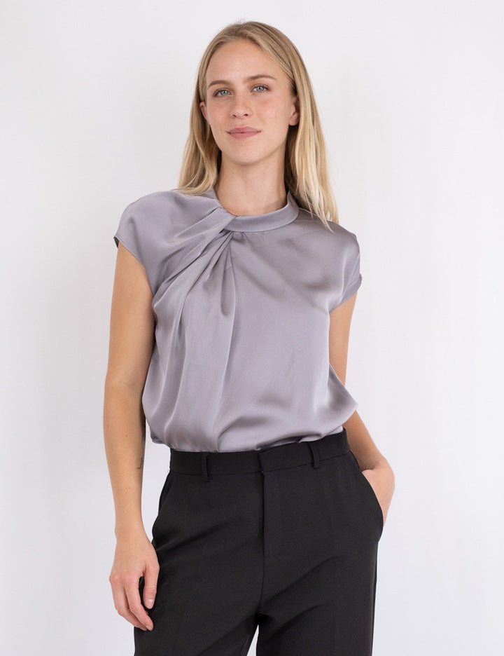160990 Fleur Drapy Satin Blouse_Grey_Model_0