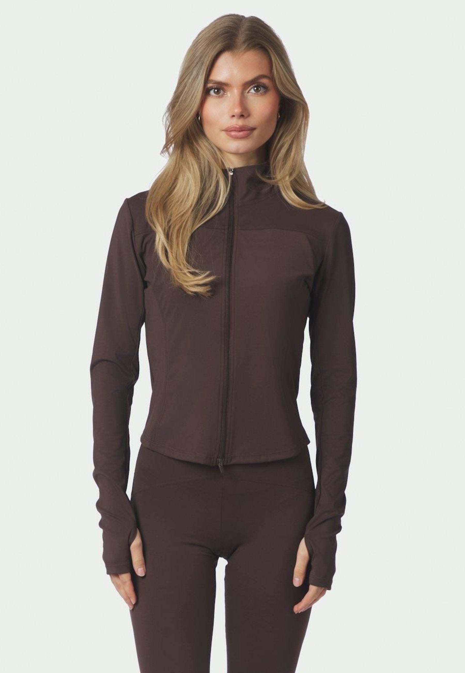 167175 Nolana Zip Blouse_Chocolate Brown_Model_0