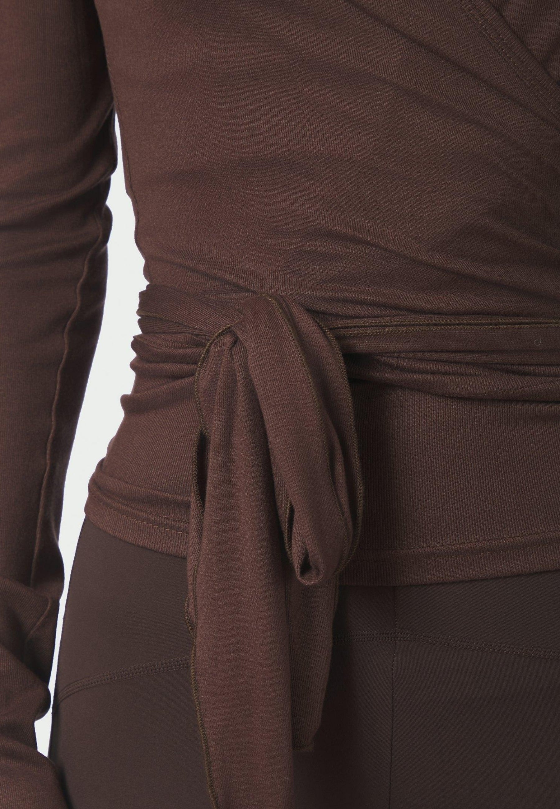 165501 Nia Jersey Wrap Blouse_Chocolate Brown_Model_1