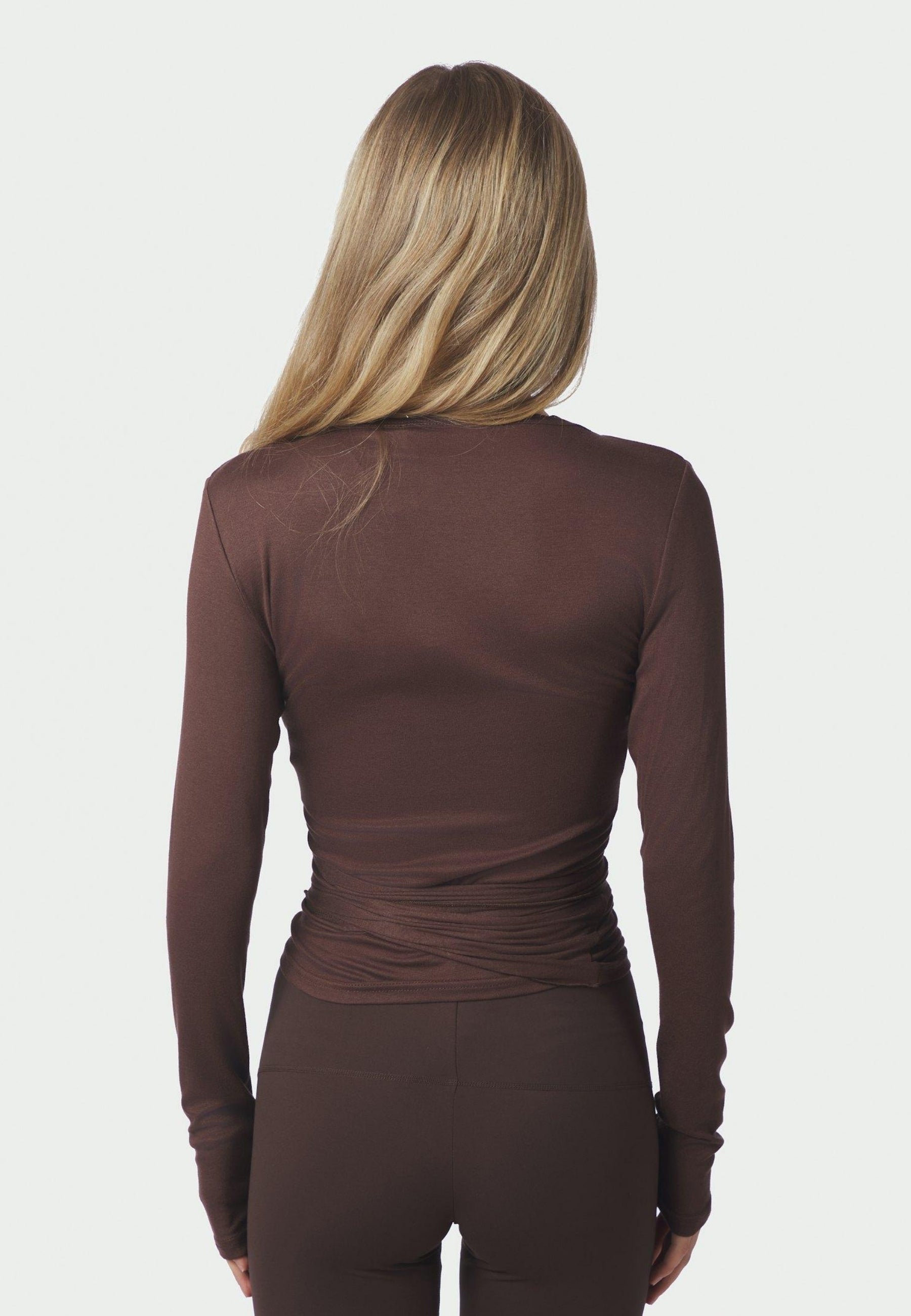 165501 Nia Jersey Wrap Blouse_Chocolate Brown_Model_2