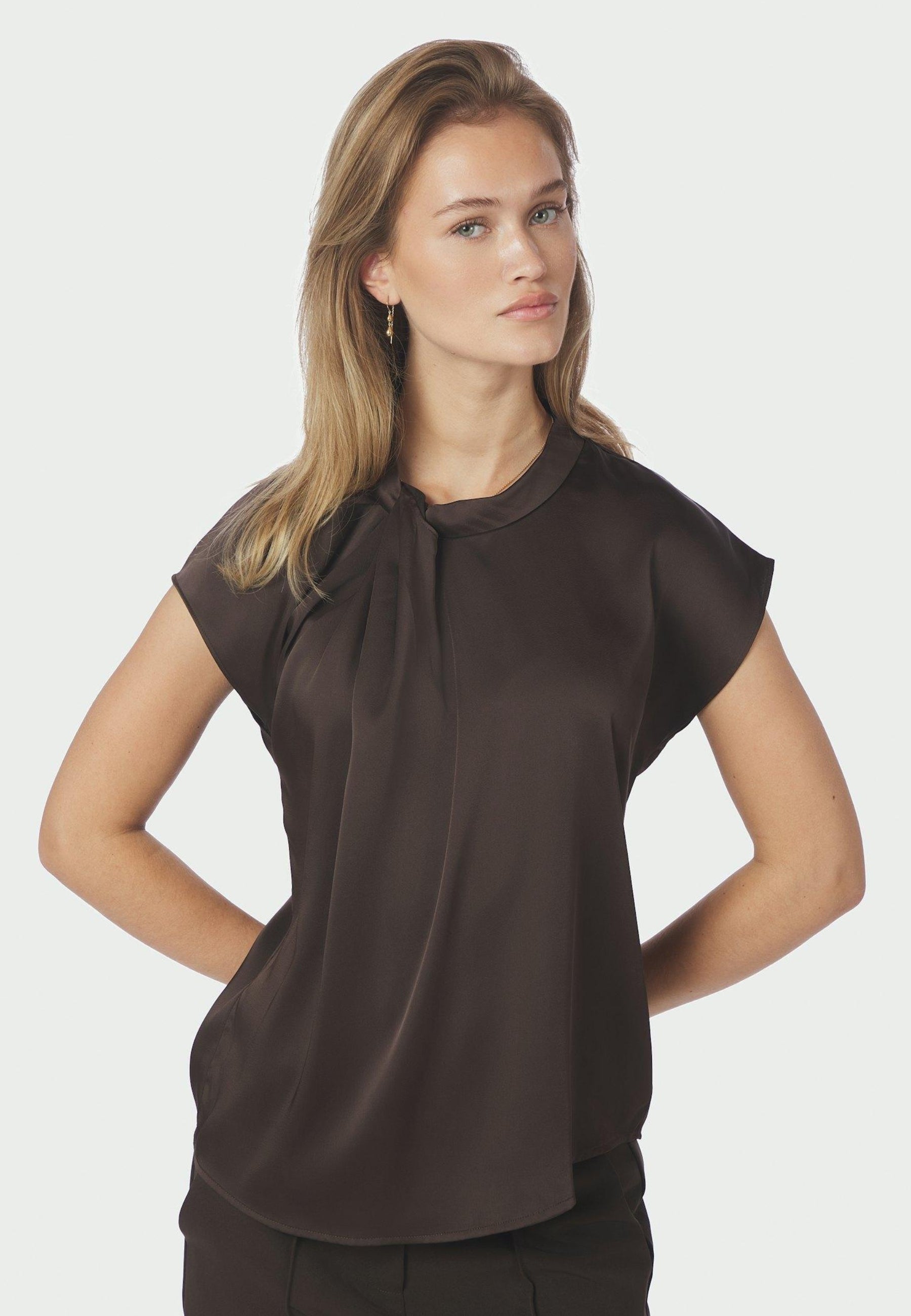 160990 Fleur Drapy Satin Blouse_Dark Brown_Model_3