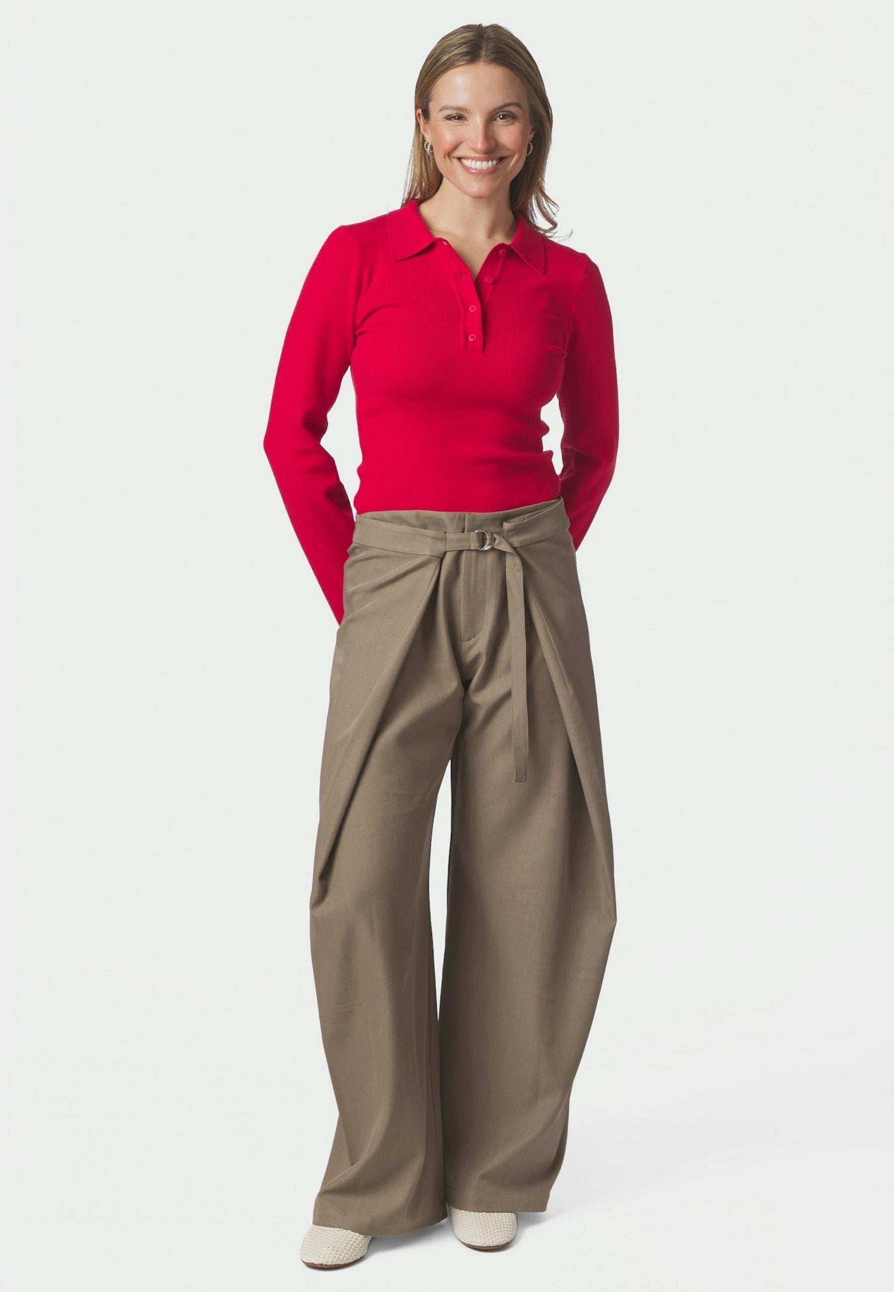 169864 Fannya LS Solid Knit Polo_Red_Model_3