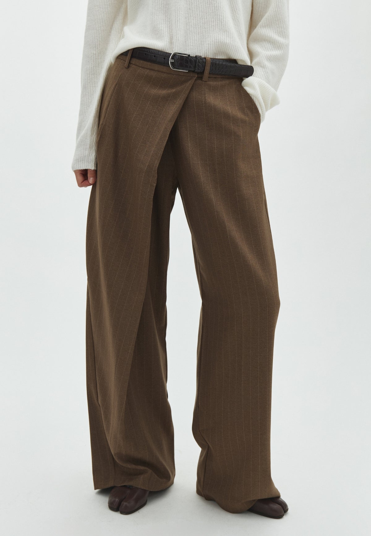 170535 Palina Pinstripe Wrap Pants_Taupe_Model_1