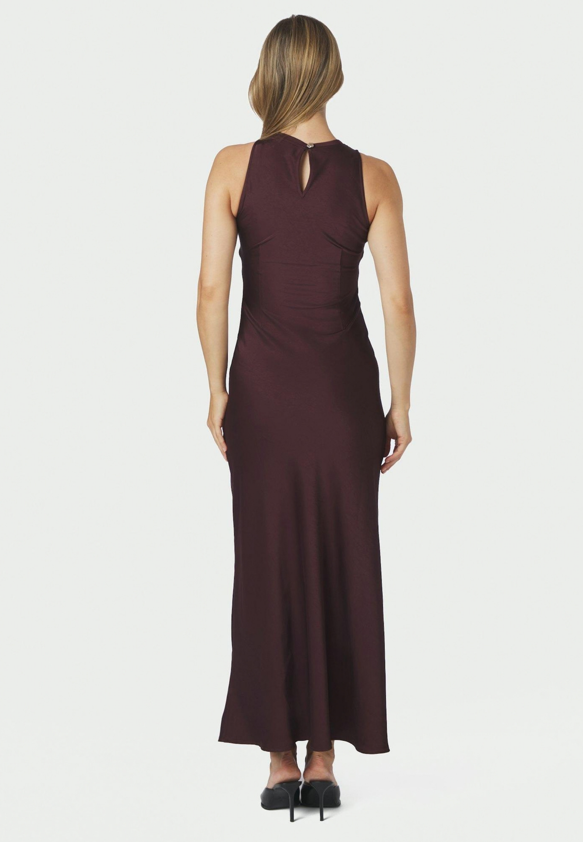 165621 Celinie Heavy Sateen Dress_Burgundy_Model_2