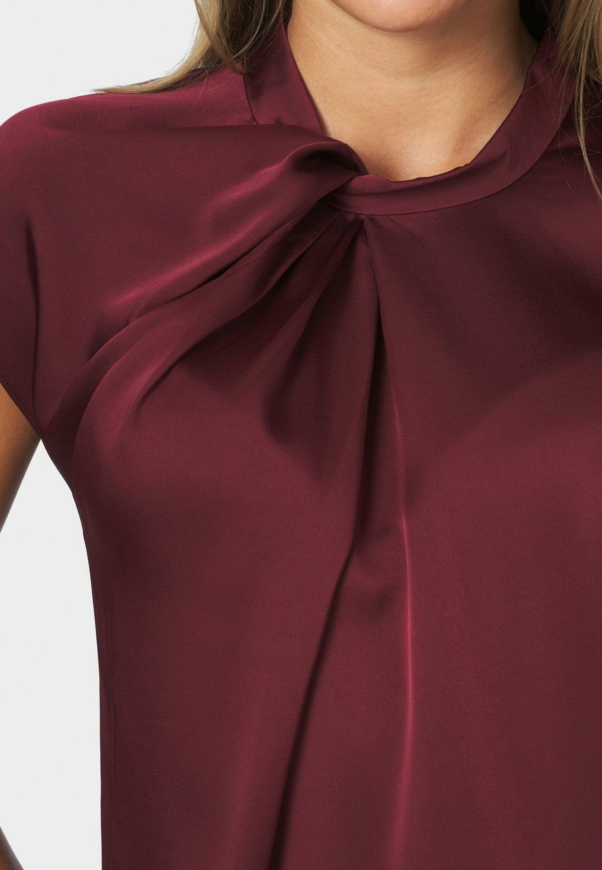 160990 Fleur Drapy Satin Blouse_Burgundy_Model_1