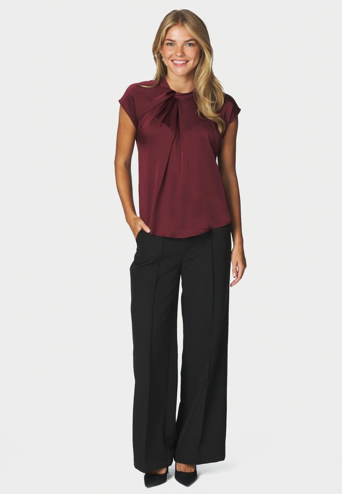 160990 Fleur Drapy Satin Blouse_Burgundy_Model_3