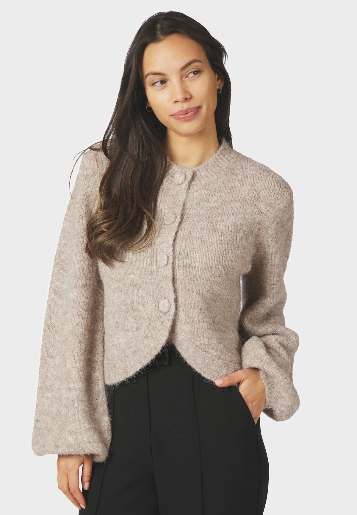 168524 Gio Fluffy Knit Cardigan_Beige Melange_Model_0