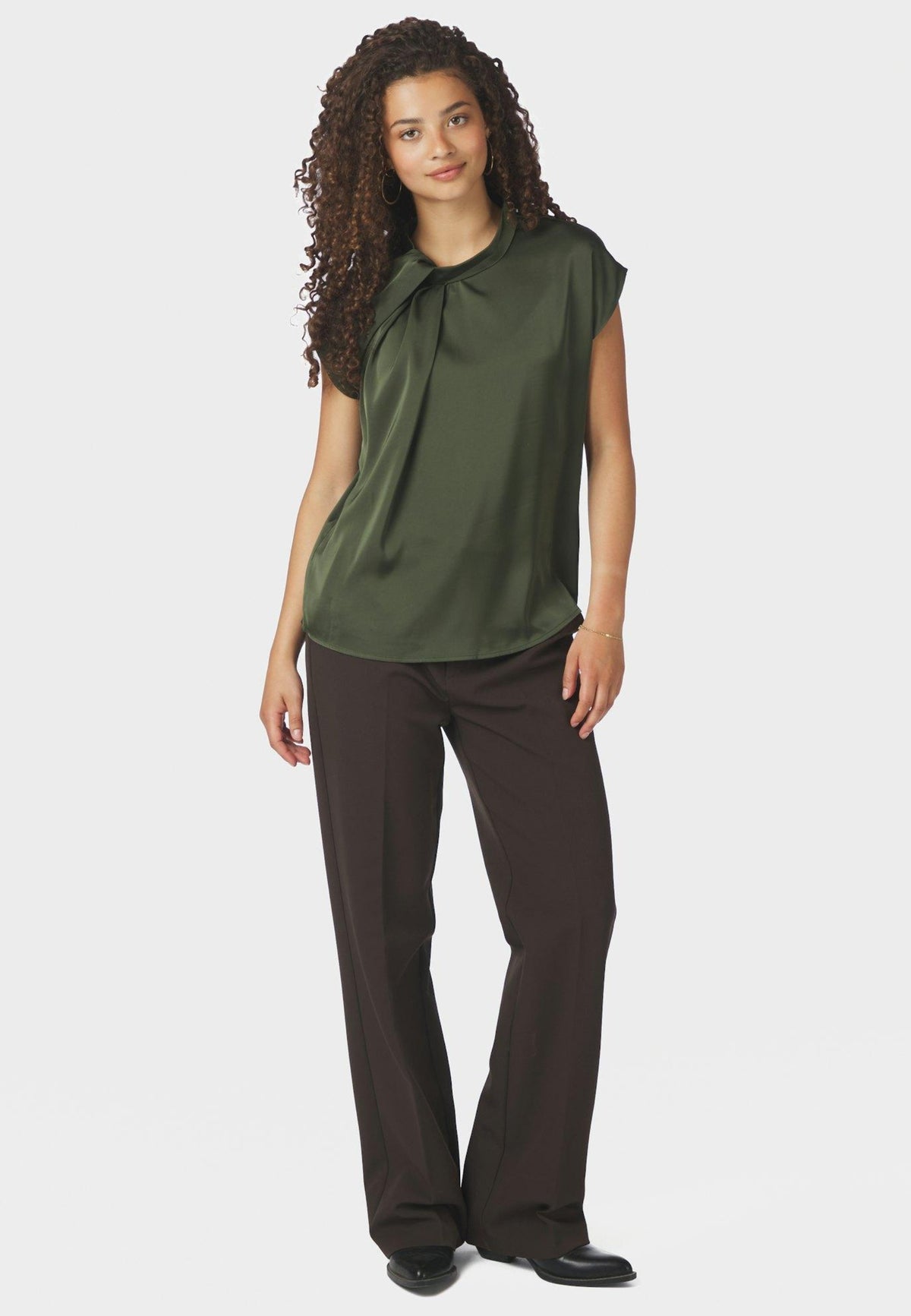 160990 Fleur Drapy Satin Blouse_Army_Model_3