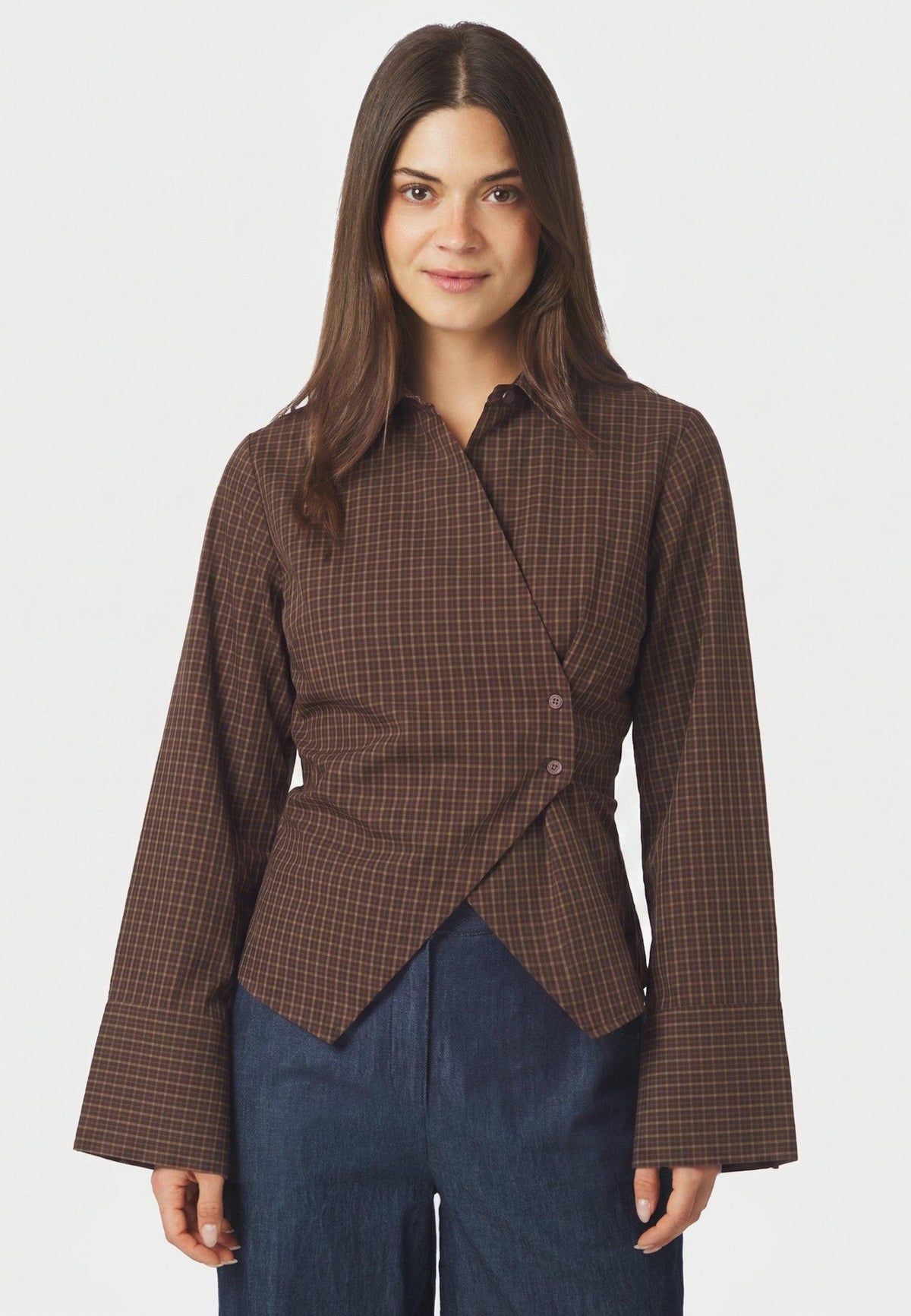 170086 Fenli Small Check Shirt_Aubergine_Model_0